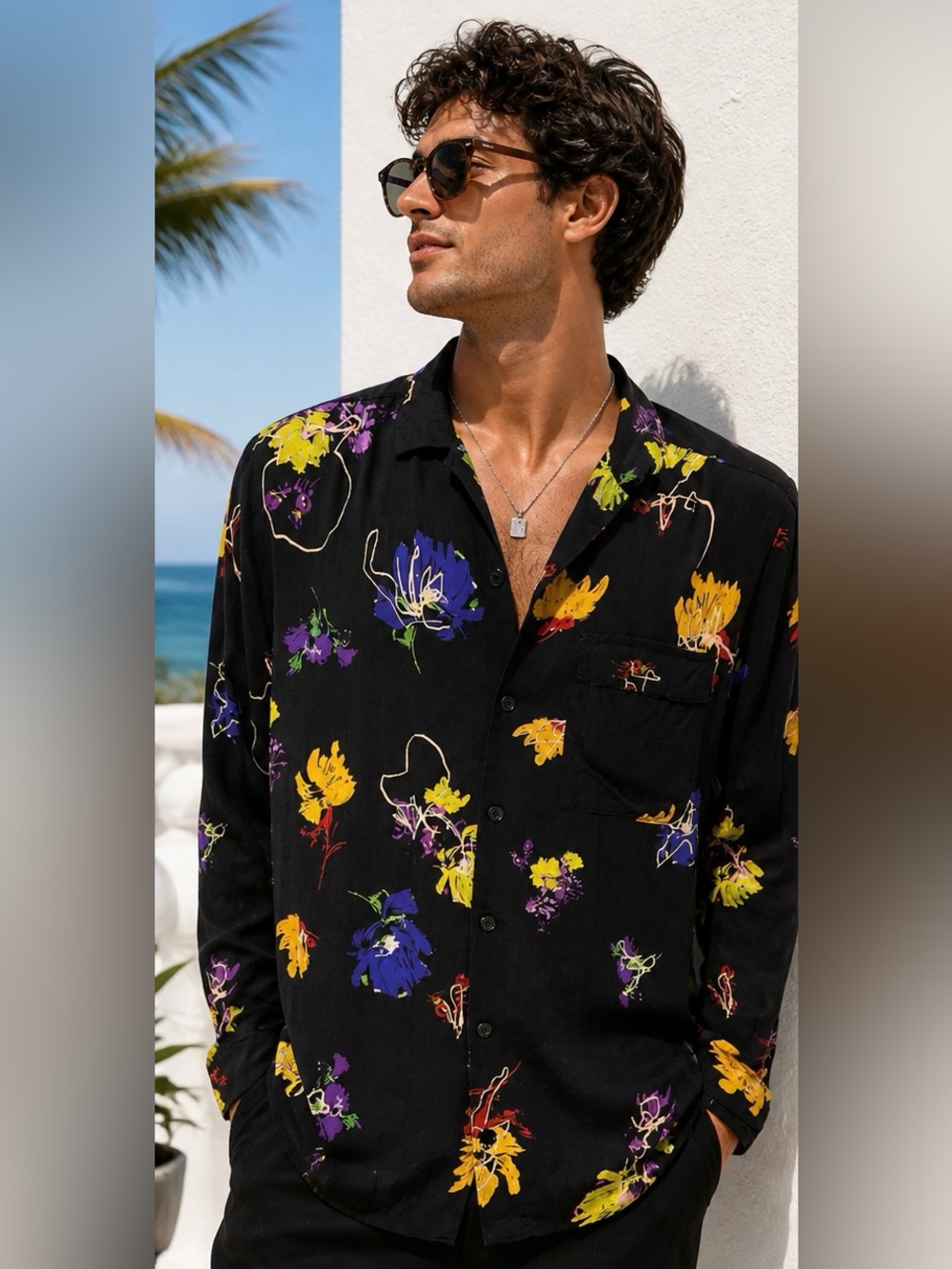 ASOS Collusion Black Floral Button Down Shirt Mens Medium Colorful Camp Collar